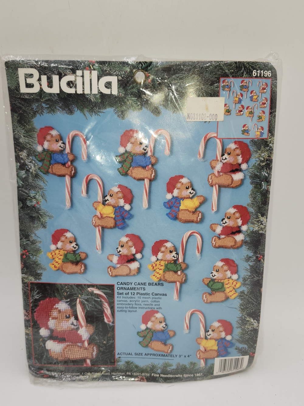 Vintage  Bucilla 61196 Candy Cane Bears Ornament Kit needlepoint Christmas Craft